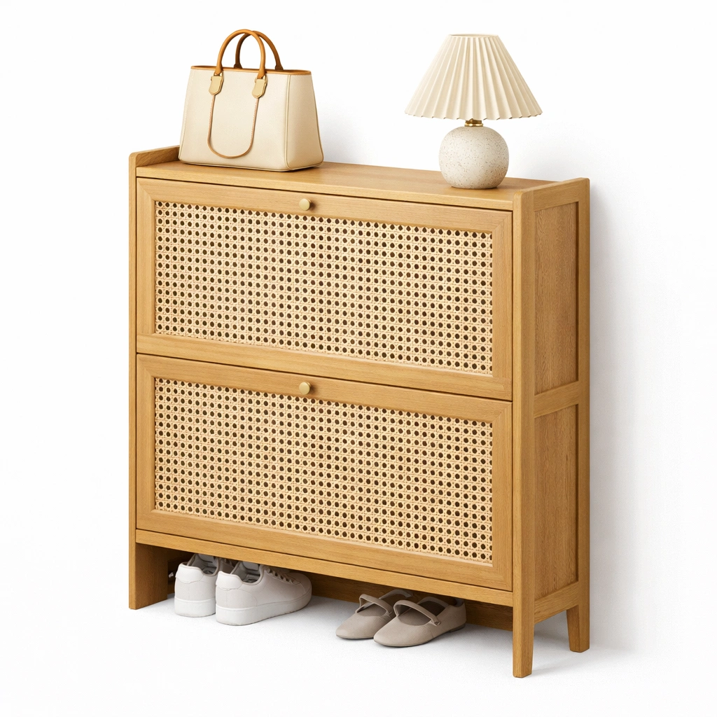 Schuhschrank mit Rattanfront und Holzrahmen-Norenio